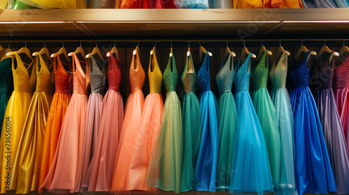 Colorful dresses on racks in a fashion boutique.