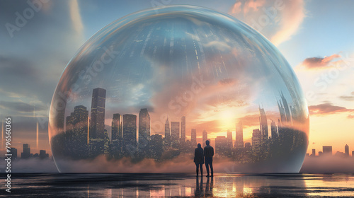 City skyline inside a giant bubble with a couple of real estate buyers anxiously watching from outside photo