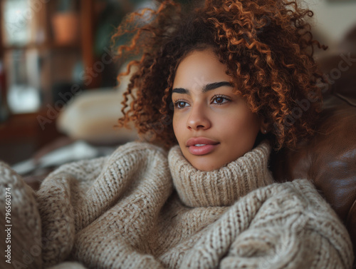Young Woman in Cozy Sweater Contemplating Indoors