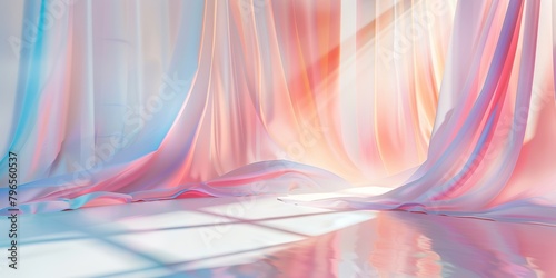 Empty studio room background with abstract holographic, neon walls. Minimal architectural stage with dreamy festive light. Podium for product display. Pedestal, scene. Iridescent spectrum backdrop.