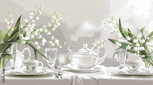 Beautiful table setting with lily-of-the-valley flower