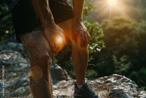 Athlete having knee pain while running in nature: Even in his moments of resting, the man couldn't escape the sharp twinges of knee pain that shot through his knees photo