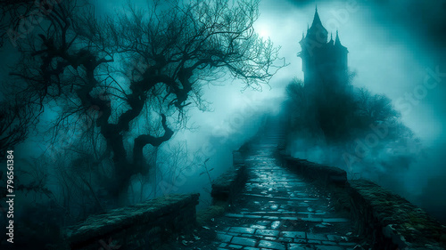 Fantasy horror walkway to haunted old castle with creepy tree illustration background .. photo