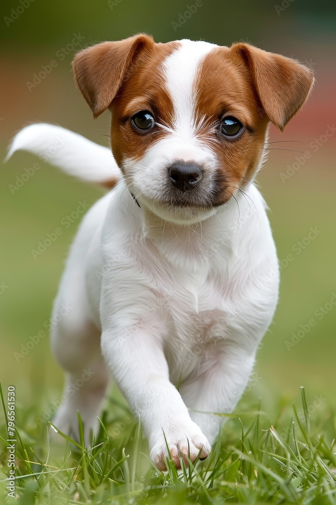 Adorable puppy playfully running in the lush green grass field, cute pet enjoying outdoors