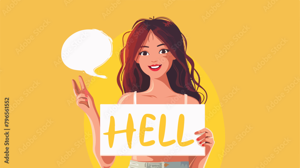 Beautiful woman holding paper speech bubble with word