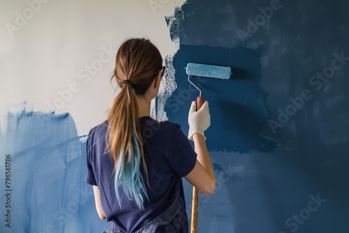 Back view of woman with paint roller painting white wall to dark blue color. Navy colour. Repair in apartment  renovation. Beautiful female paints a room indoors in new house. Home decoration concept
