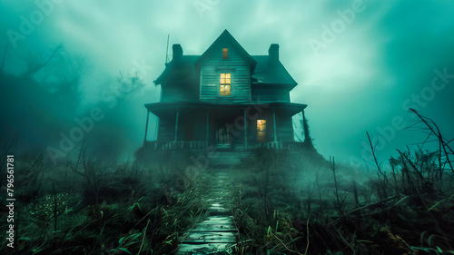 Fantasy horror walkway to haunted house with creepy tree illustration background ..