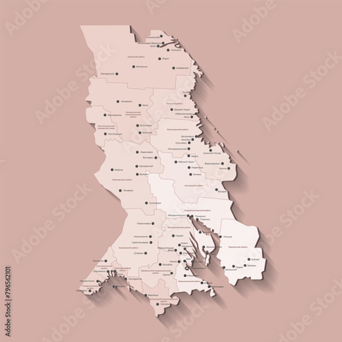 Vector illustration. Simplified administrative map of Republic of Karelia, Russian region. Beige shapes of districs. Brown background. Note, names of karelian provinces, cities are in Russian language photo
