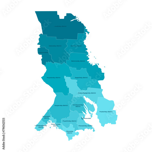 Vector isolated illustration. Simplified administrative map of Republic of Karelia, Russian region. Blue shapes of districs. Names of karelian provinces. White background. photo