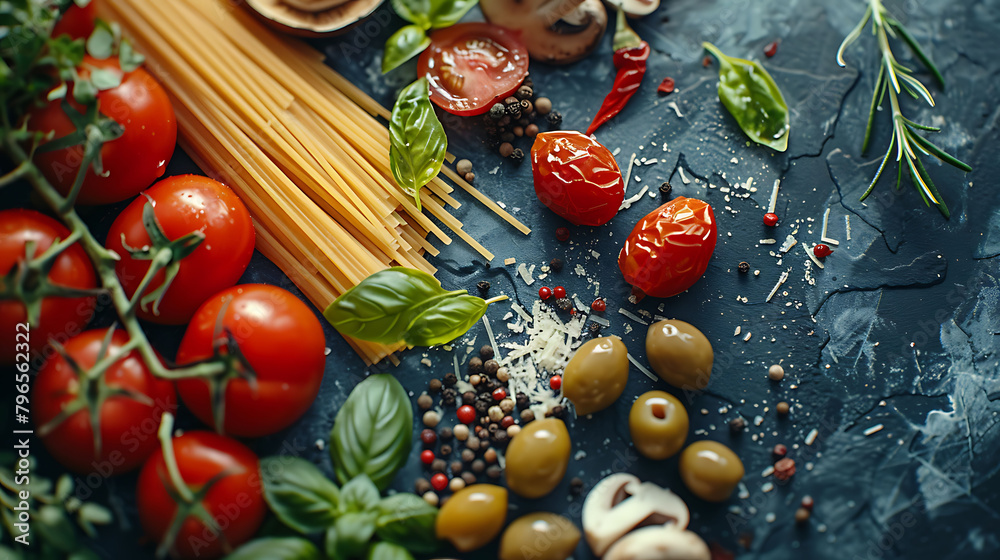 Italian food background, with vine tomatoes, basil, spaghetti, mushrooms, olives, parmesan, olive oil, garlic, peppercorns, rosemary, parsley and thyme, Slate background