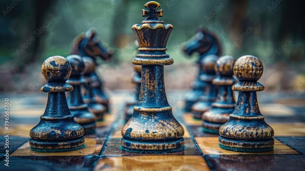 Fototapeta premium A chess board with a black king and two white pieces