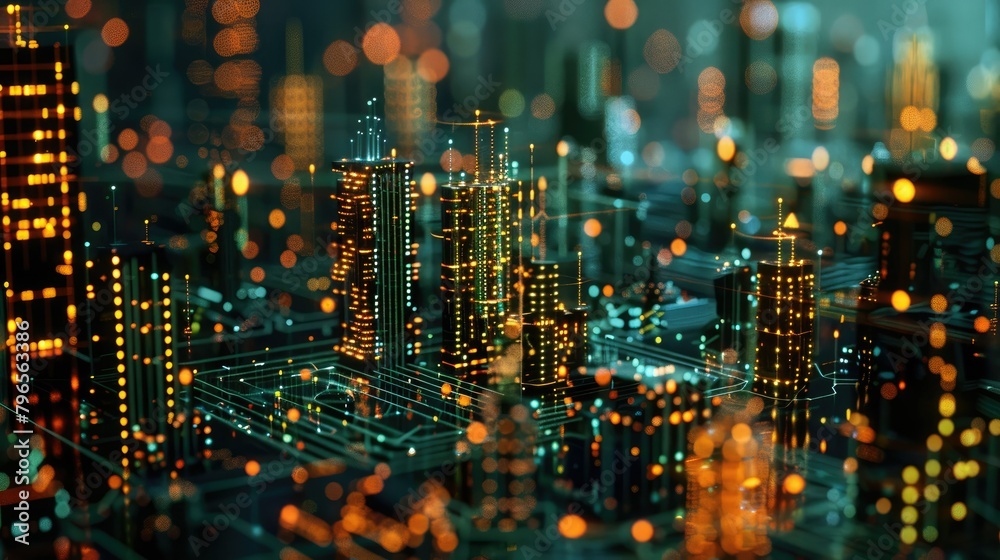 A cityscape with many buildings lit up in neon colors A cityscape with many buildings lit up in neon colors