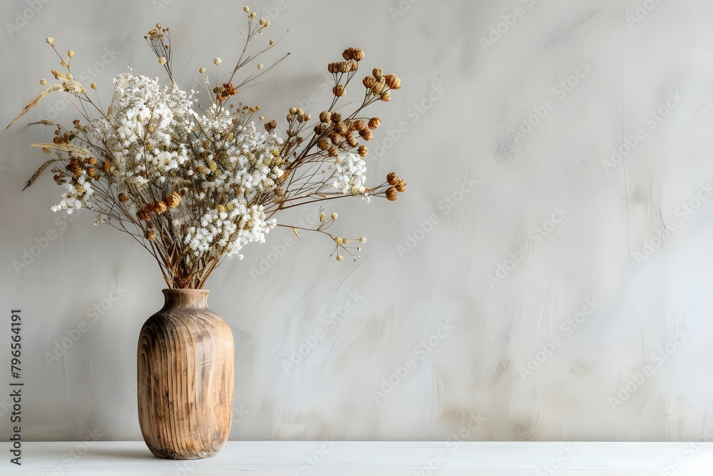 Fototapeta premium Dried flower bouquet displayed in a wooden vase against a blank wall in a home interior. Concept Home Decor, Dried Flowers, Wooden Vase, Blank Wall, Interior Design