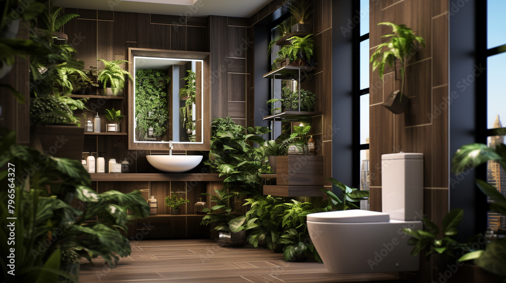 Illustration of the interior decoration of houses, a modern house in a minimalist style, a large toilet with modern furniture, large windows, and many plants. Unusual interior