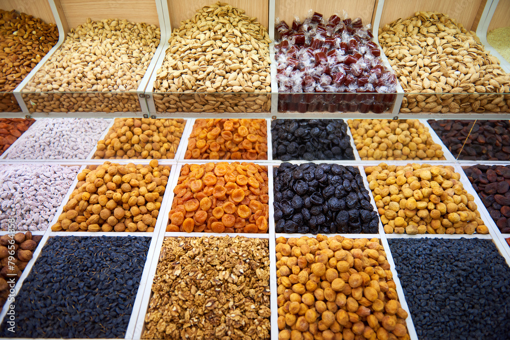 Assortment of dried fruits and nuts on stall at bazaar