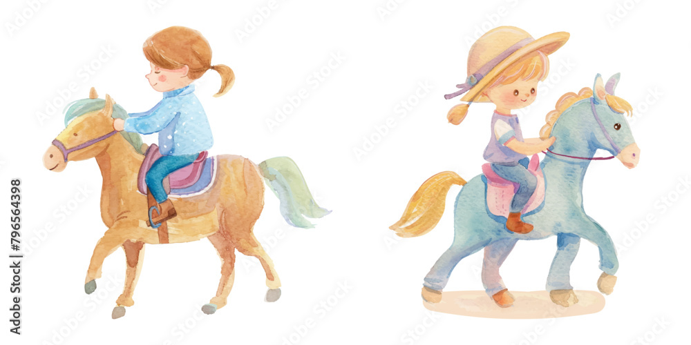 kid riding horse watercolor vector illustration