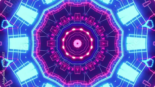 Delicate patterns and fluid motion captivate in the seamlessly looping abstract saber neon light kaleidoscope mandala, available in 4k resolution