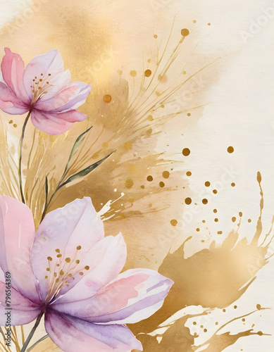 Abstract art watercolor gentle flower and gold splash for nature banner background. Watercolor art design suitable for use as header  web  wall decoration.