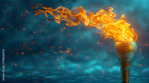 3d Burning torch on abstract blue background. Olympic Torch 