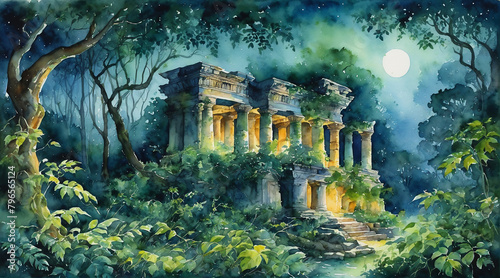 Abandoned ruin covered by green vines in the dense forest at night, watercolor painting style, generative AI