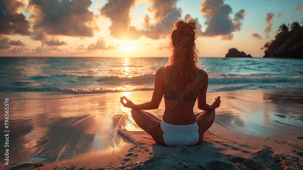 A beautiful woman practicing yoga on the beach as the sun sets