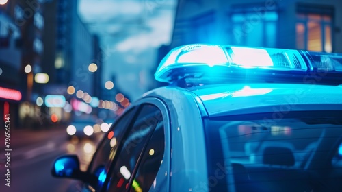 Close-up of a police car's illuminated rooftop lights at night in a city setting.