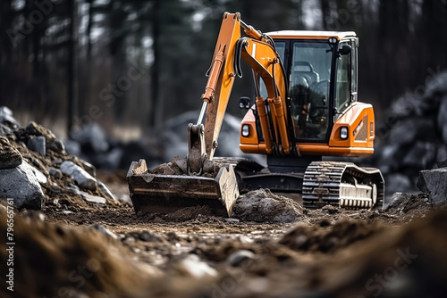 Excavator working in the construction site on the background of the forest