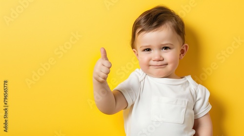 A toddler giving a thumbs up on yellow background. Toddler caucasian boy in a yellow t-shirt giving thumbs up on a yellow background.