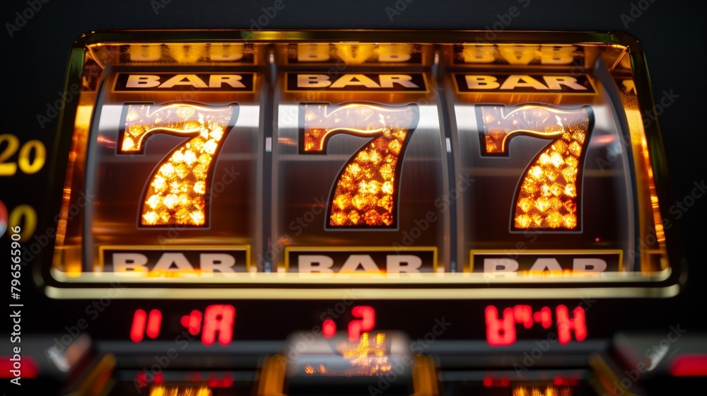 Close-up view of a slot machine display with glowing triple sevens and BAR symbols.