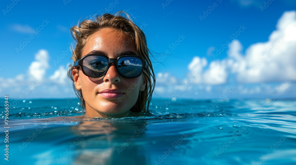 Fototapeta premium Young woman with stylish sunglasses floating in clear blue sea.