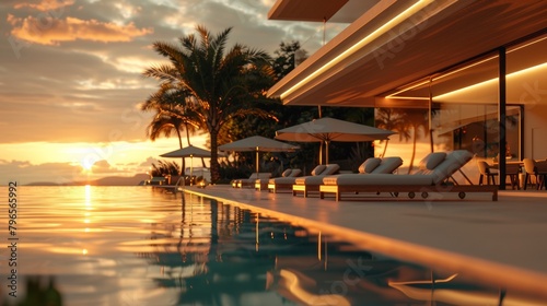 Sunset by the pool at a minimalist beach club