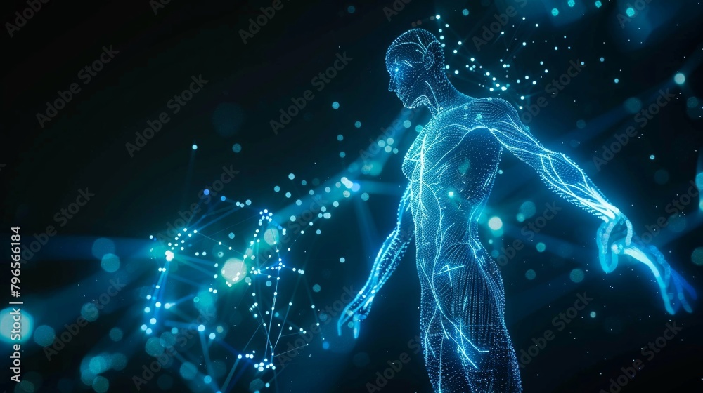 Blue neonlit 3D wireframe of a human with holographic quantum computing elements showcasing complex algorithm patterns and energy flows
