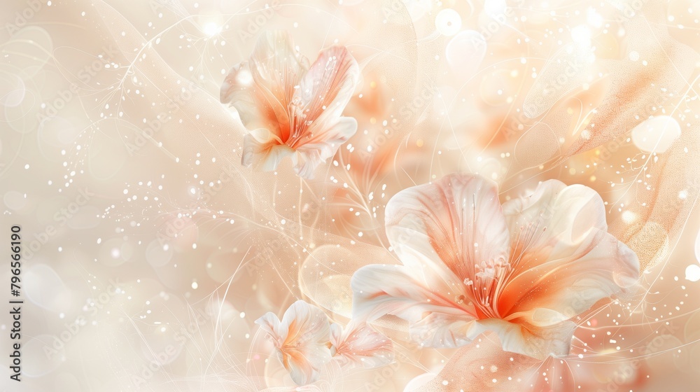 Elegant floral design featuring soft peach hibiscus flowers with sparkling highlights and curves.