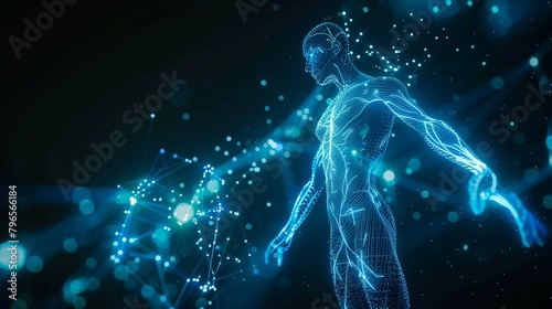 Blue neonlit 3D wireframe of a human with holographic quantum computing elements showcasing complex algorithm patterns and energy flows
