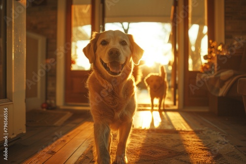 Welcoming golden retriever at home door, symbolizing new beginnings and joyful homecomings