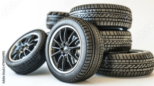 pile of new tires on white background.