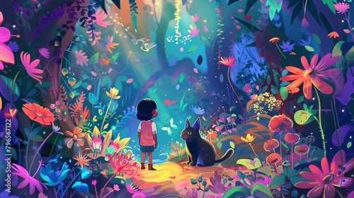 Vibrant illustration of a young girl and her magical talking cat embarking on an adventure in a whimsical forest filled with colorful flowers and playful fairies