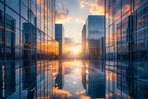  A modern industrial complex at sunrise, with sleek glass buildings reflecting the golden hues of the sky. 
