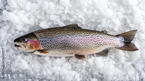 Fresh rainbow trout lying on a bed of crushed ice, showcasing its vibrant markings and colors.