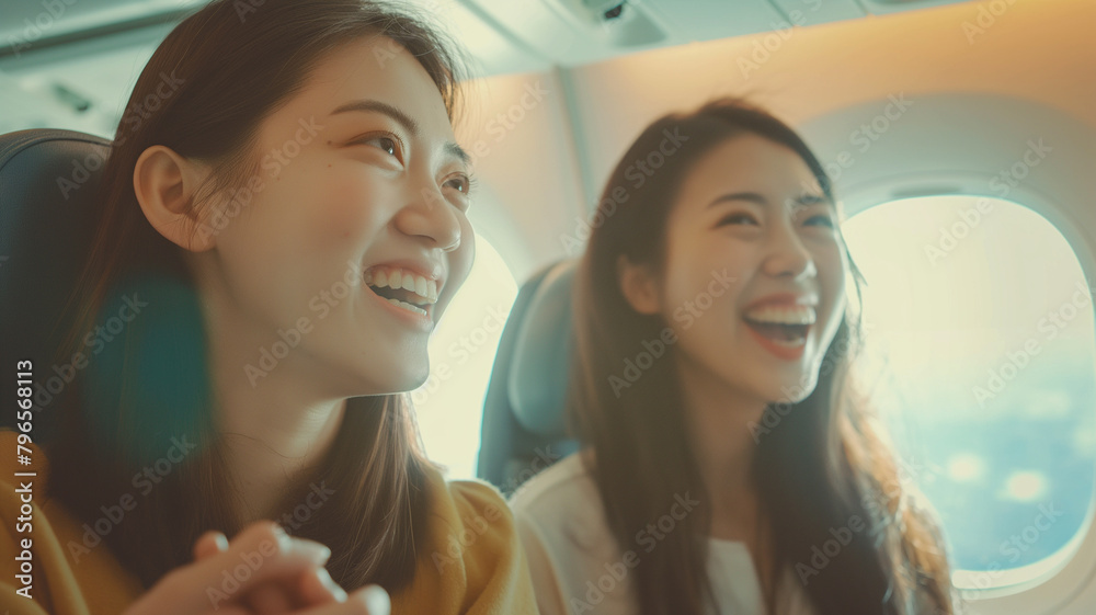 Asian female friends are enjoying conversation during a flight for vacation together on the plane Asian female friends are enjoying conversation during a flight for vacation together on the plane