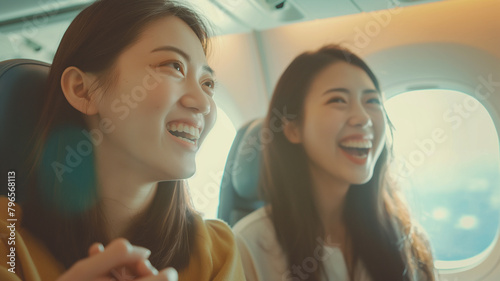 Asian female friends are enjoying conversation during a flight for vacation together on the plane © kanurism