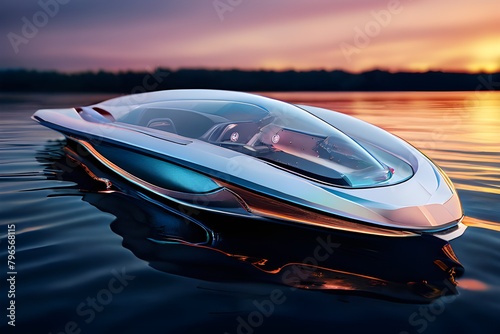 View from above of an opulent motorboat drifting on the water A future yacht featuring a window that shows the earth s orbit and a breathtaking high-definition view of the planet in frigid  empty spac