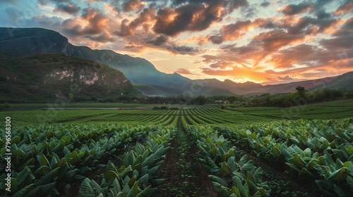 Breathtaking landscape of tobacco fields at sunset with mountainous backdrop and dramatic clouds.