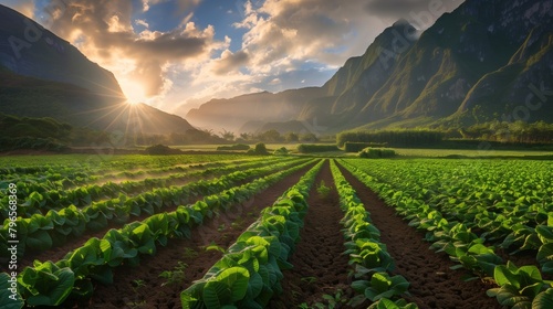 Breathtaking sunrise over a lush green tobacco field with majestic mountains in the background.