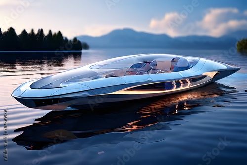 View from above of an opulent motorboat drifting on the water A future yacht featuring a window that shows the earth's orbit and a breathtaking high-definition view of the planet in frigid, empty spac