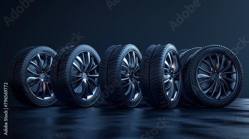 A lineup of five high-performance car tires with sleek, metallic rims on a dark background.