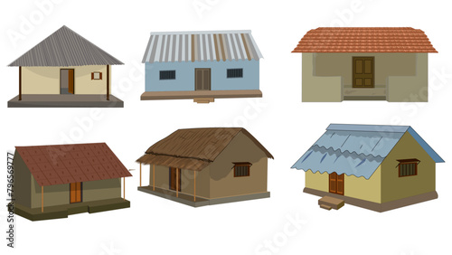Indian style village house collection, hut collection for cartoon animation, tin shade house, bungalow with thatched roof vector illustration