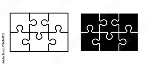 jigsaw, puzzle pieces connection line pattern. Puzzel piece icon or pictogram. Cartoon vector outline. Autism logo or symbol. Dubbele platte puzzels grid. Teamwork concept. Mosaic sign. Game print