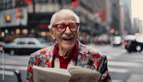 Laughing elderly couple in floral jacket and red glasses reads fake news