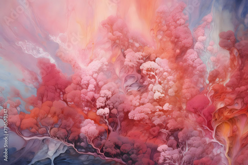 Celestial Coral Cascade, abstract landscape art, painting background, wallpaper, generative ai